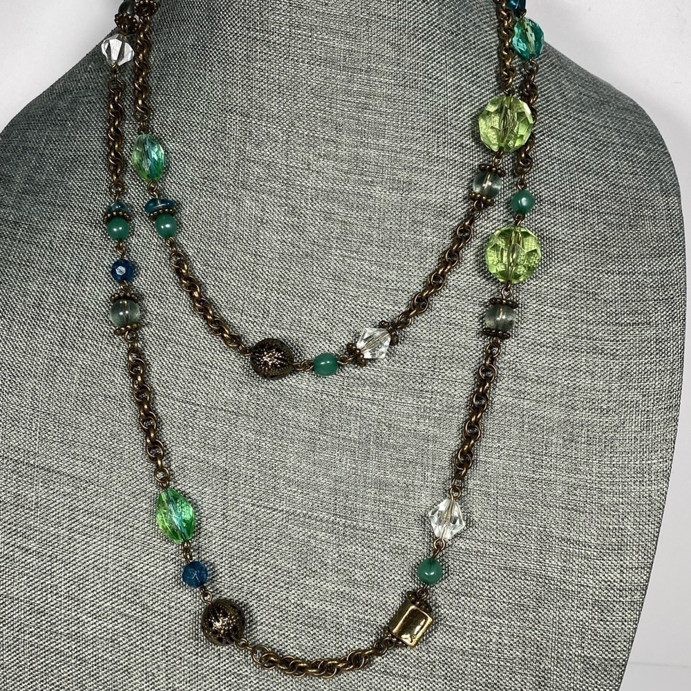 Lia Sophia Necklace Long Green Plastic Beads Antique Bronze Tone 49”